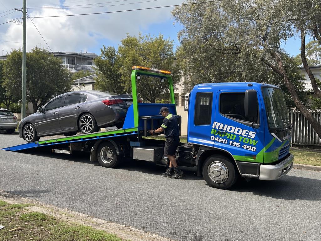 Car loaded onto a Rhodes Rapid Tow flatbed truck